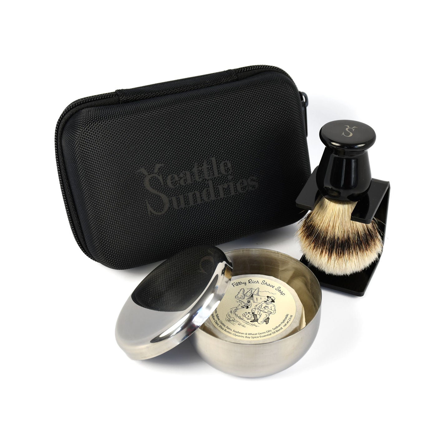 wet shave products: wet shave brush, stand, travel case