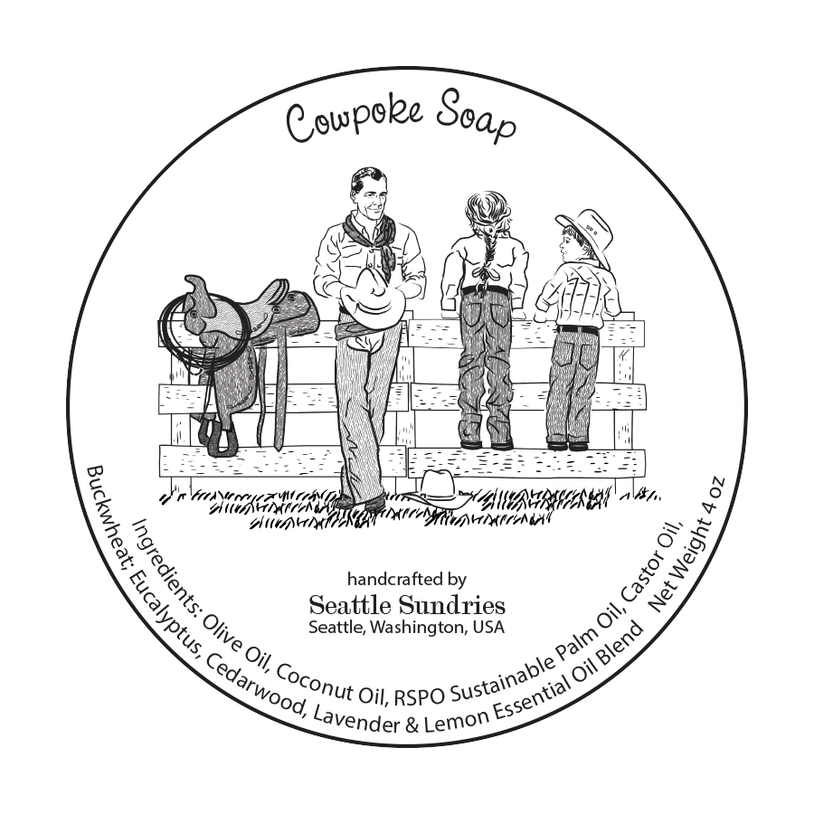 Circular label for Cowpoke Soap featuring illustrations of a cowboy and two children on a fence with text detailing product information.
