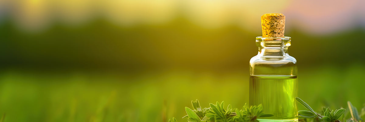 Glass bottle with cork lid on a grassy background