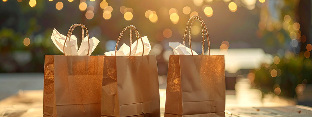 Three brown paper bags with white tissue paper on a blurred outdoor background with lights.