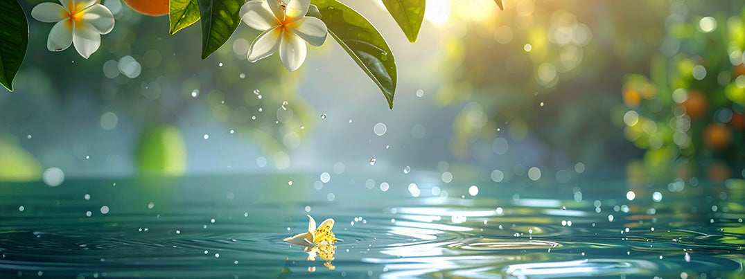 Butterfly on water with flowers and leaves in the background