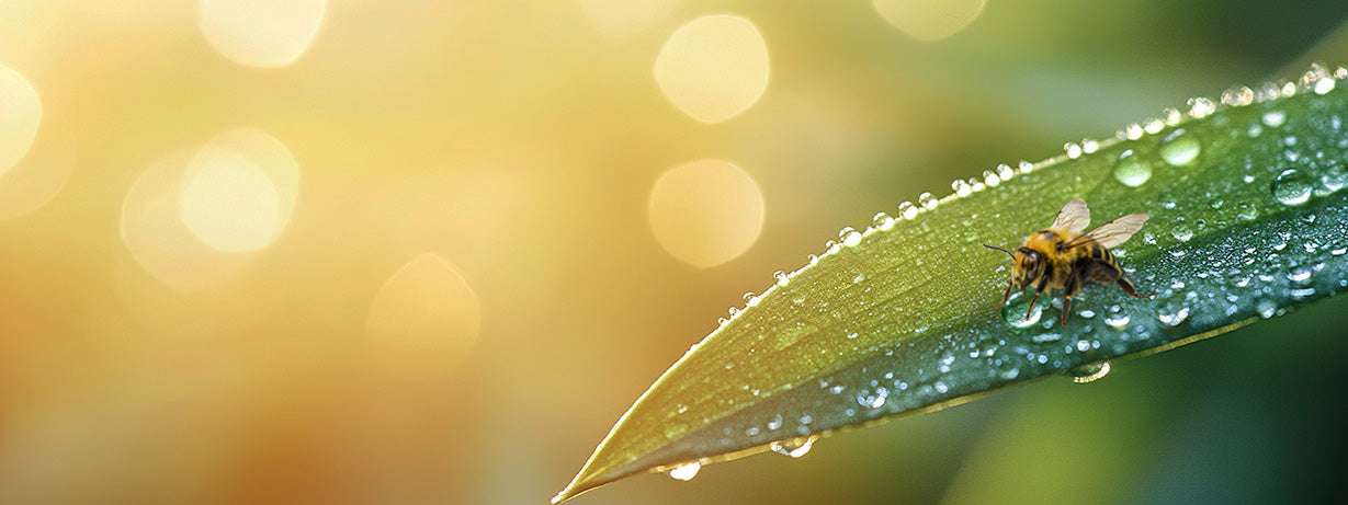 Insect on a dew-covered leaf with a blurred background