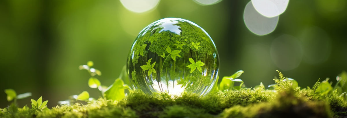 Clear glass sphere on a bed of green moss with a blurred natural background
