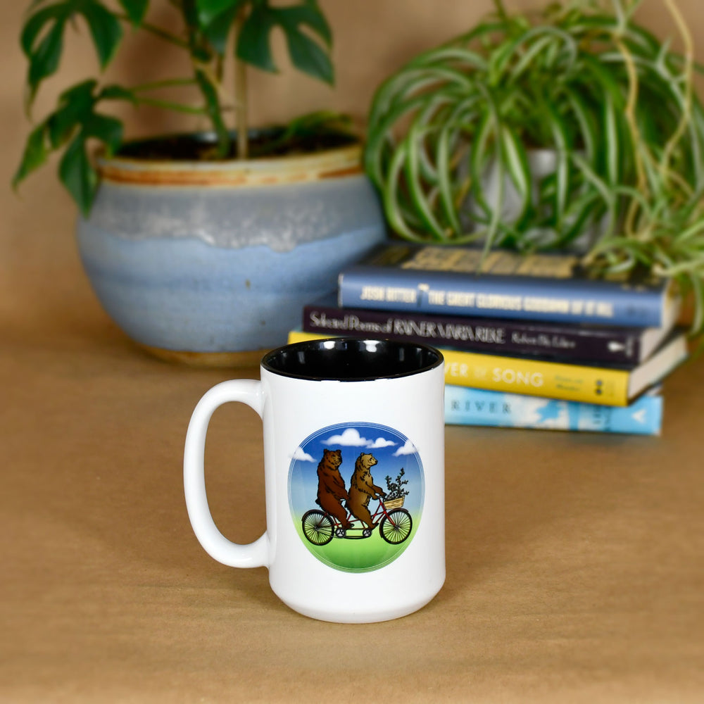 bears tandem bicycle bike 15oz ceramic mug, Seattle Washington Pacific Northwest PNW gift present