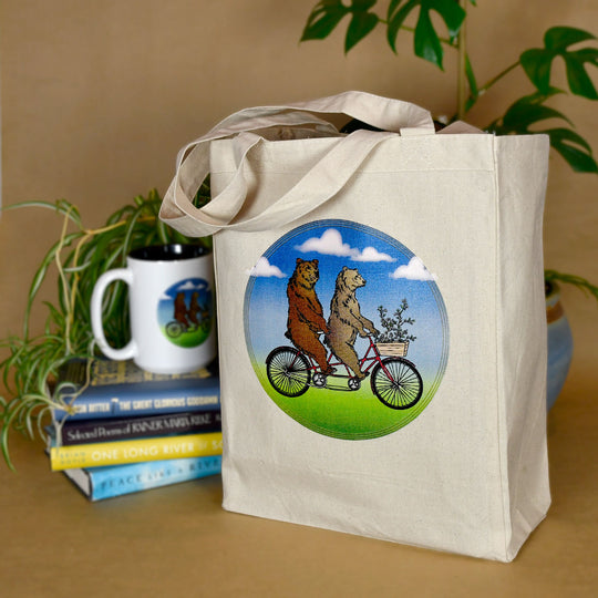 bears tandem bicycle bike cotton canvas tote shopping bag Seattle Washington State PNW gift present