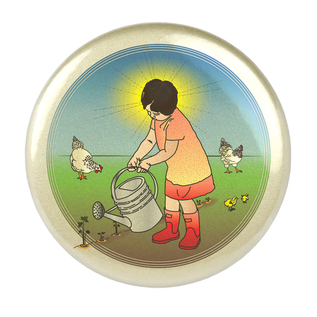 sturdy strong 2" inch refrigerator magnet Seattle PNW Washington State girl watering can garden gardening chickens chicks sun galoshes fun cute