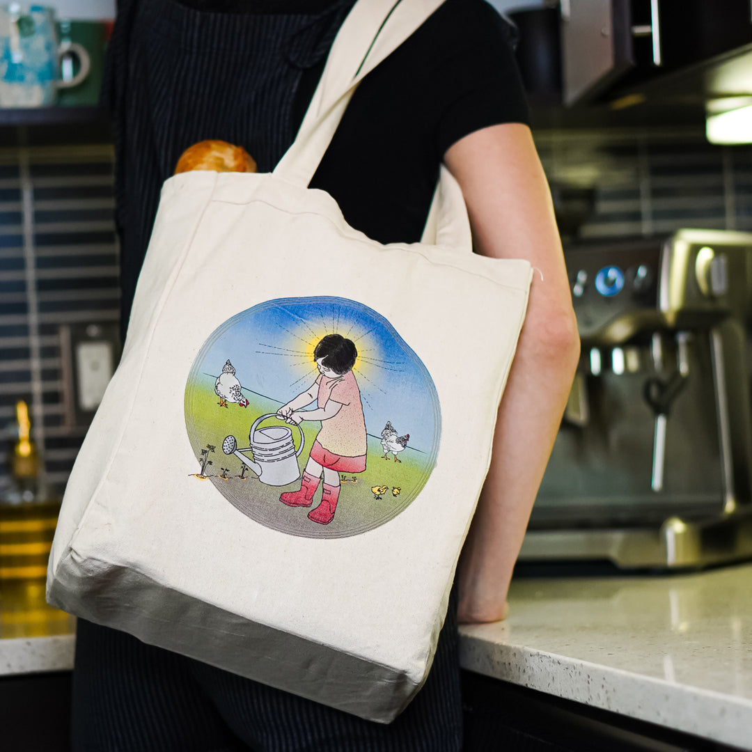 Seattle, PNW, Pacific Northwest canvas cotton tote book bag, gardening girl with chickens