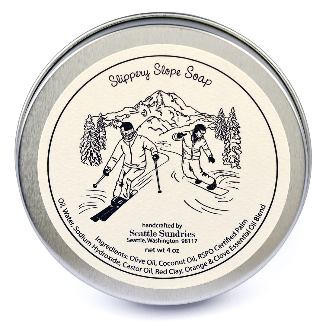 Slippery Slope ski snowboard winter soap Mount Rainier Washington State all natural clove orange spice round tin