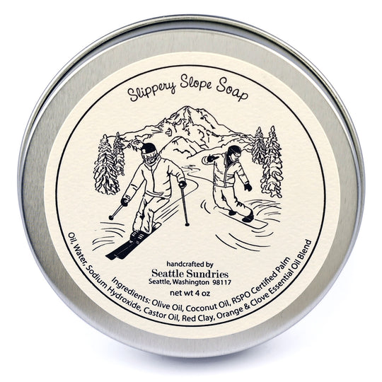Slippery Slope ski snowboard winter soap Mount Rainier Washington State all natural clove orange spice round tin