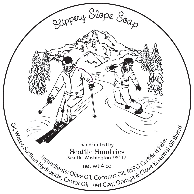 Slippery Slope retro label illustartion, original artwork by Seattle Sundries, copyrighted