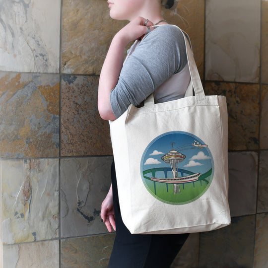 Seattle, PNW, Pacific Northwest canvas cotton tote book bag, Space Needle