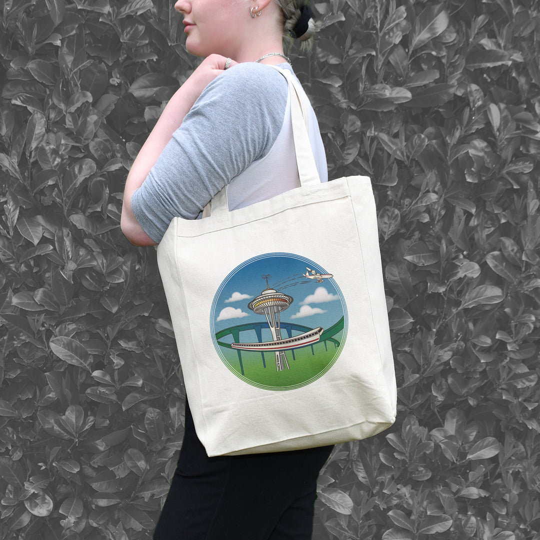 Seattle Jet City space needle monorail Boeing airplane cotton canvas tote shopping bag Seattle Washington State demo