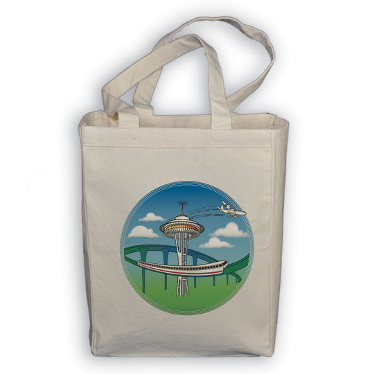 Seattle Jet City space needle monorail Boeing airplane cotton canvas tote shopping bag Seattle Washington State