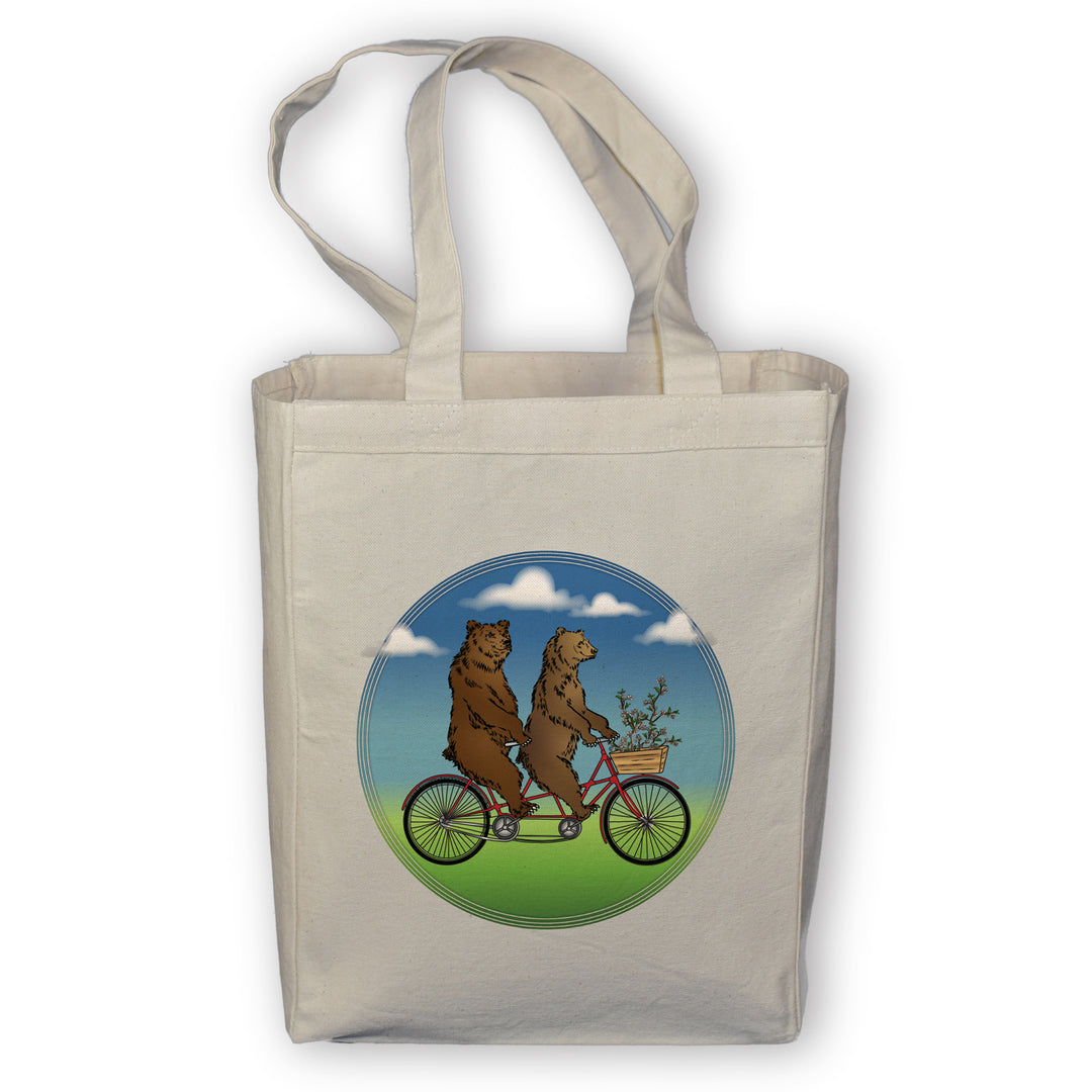 bears tandem bicycle bike cotton canvas tote shopping bag Seattle Washington State PNW gift present