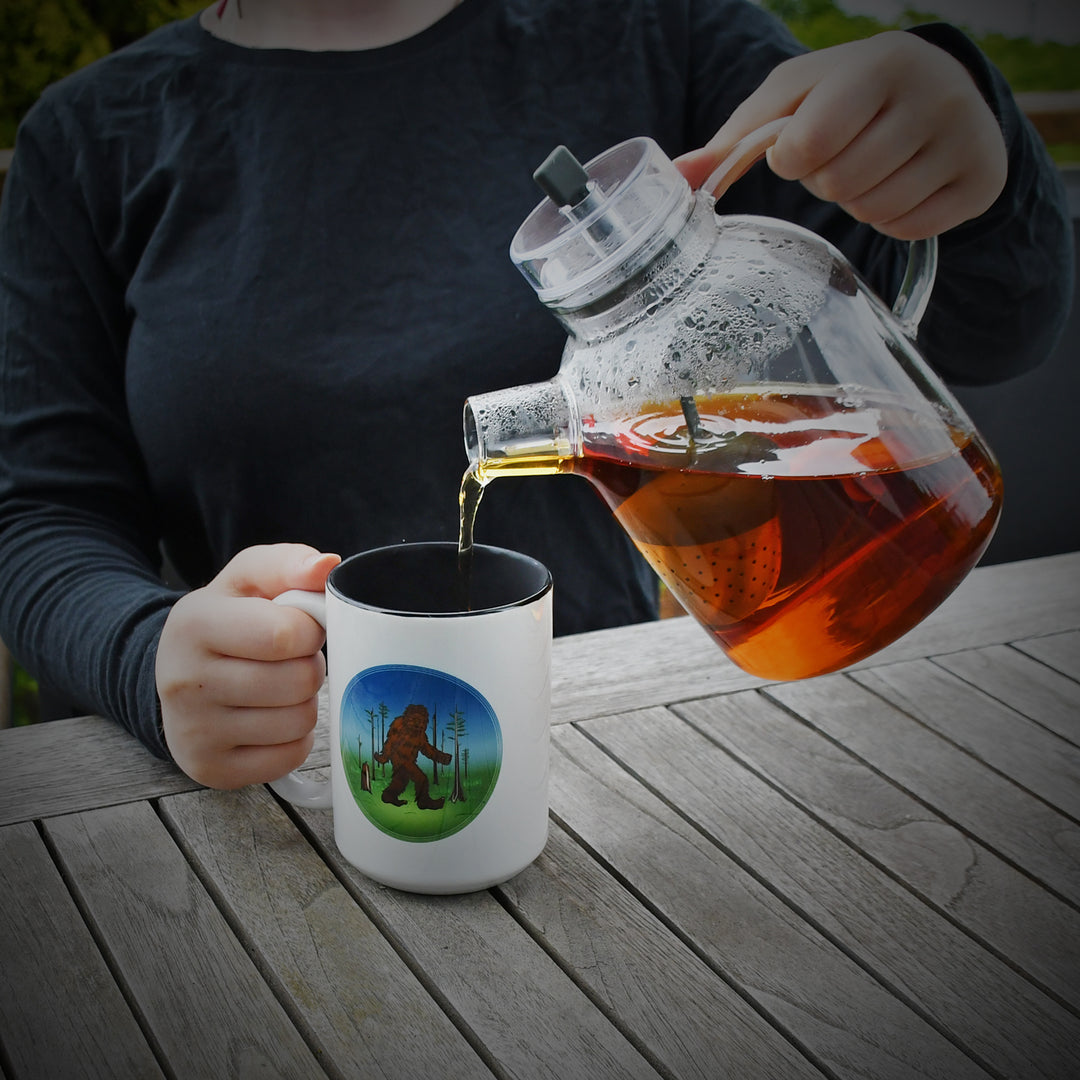 15oz ceramic mug sasquatch bigfoot big foot Seattle Washington State PNW Pacific Northwest Cascadia demo pouring tea