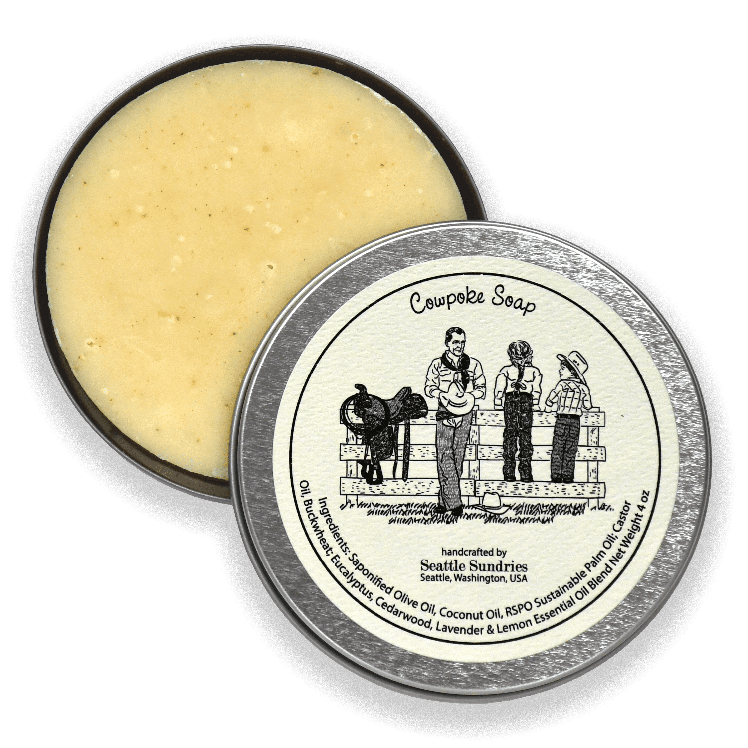 Cowpoke cowboy soap is ruggedly scented with eucalyptus, cedarwood & lavender essential oils