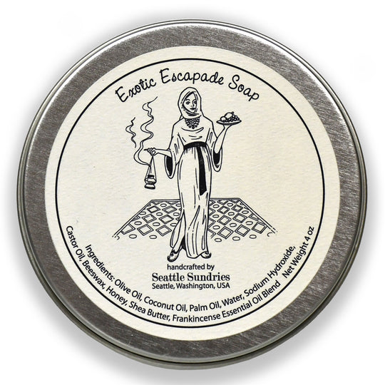 Exotic Escapade Soap frankincense myrrh honey all natural round bar tin