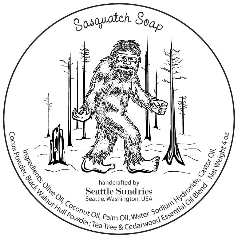 Sasquatch retro label illustration, original artwork by Seattle Sundries, copyrighted