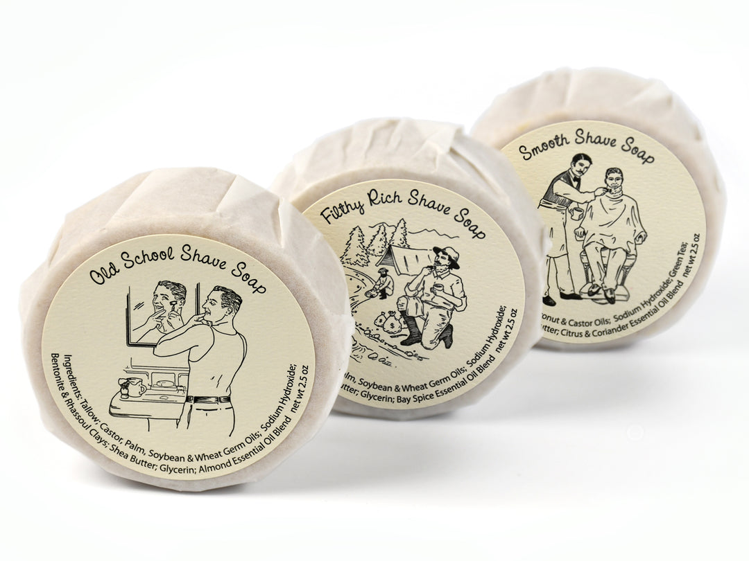 shave soap wrapped pucks Seattle Sundries Filthy Rich, Smooth Shave, Old School