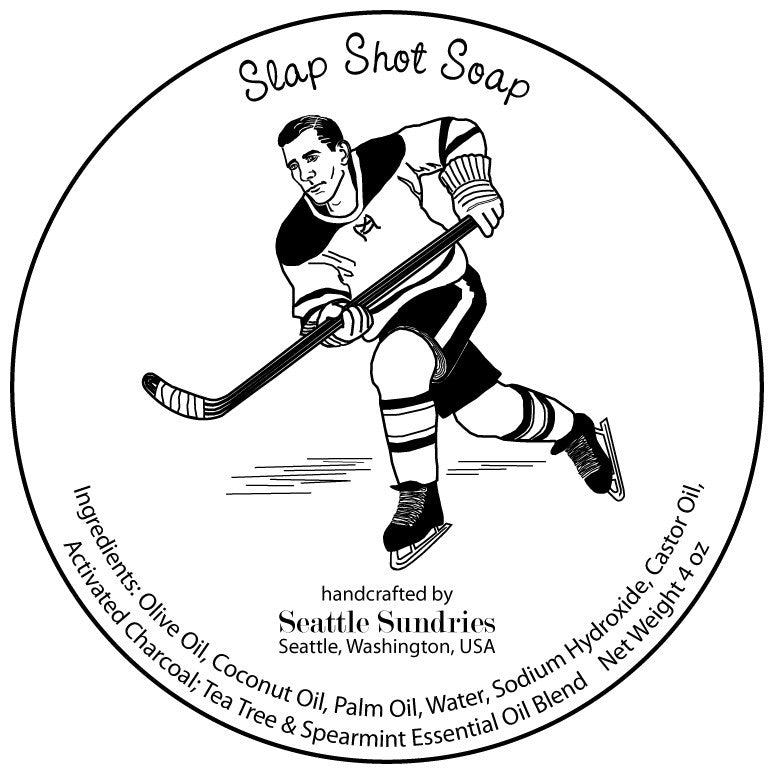 Slap Shot retro label illustartion, original artwork by Seattle Sundries, copyrighted