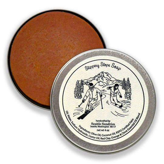 Slippery Slope ski snowboard winter soap Mount Rainier Washington State all natural clove orange spice round tin